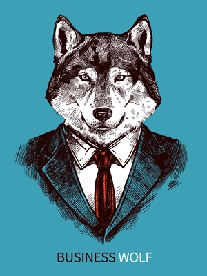 Hand drawn poster of business wolf in suit portrait on blue background fashion vector illustration