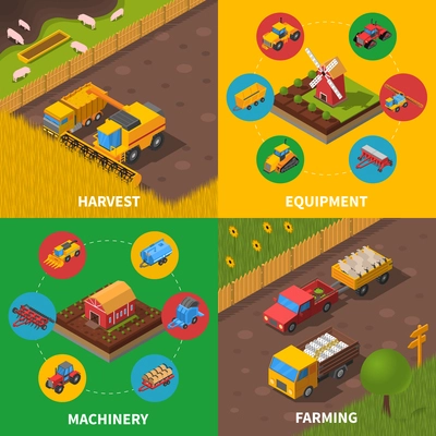 Agricultural machinery 4 isometric icons square composition poster with tractor combiner harvesting farmers equipment abstract vector illustration