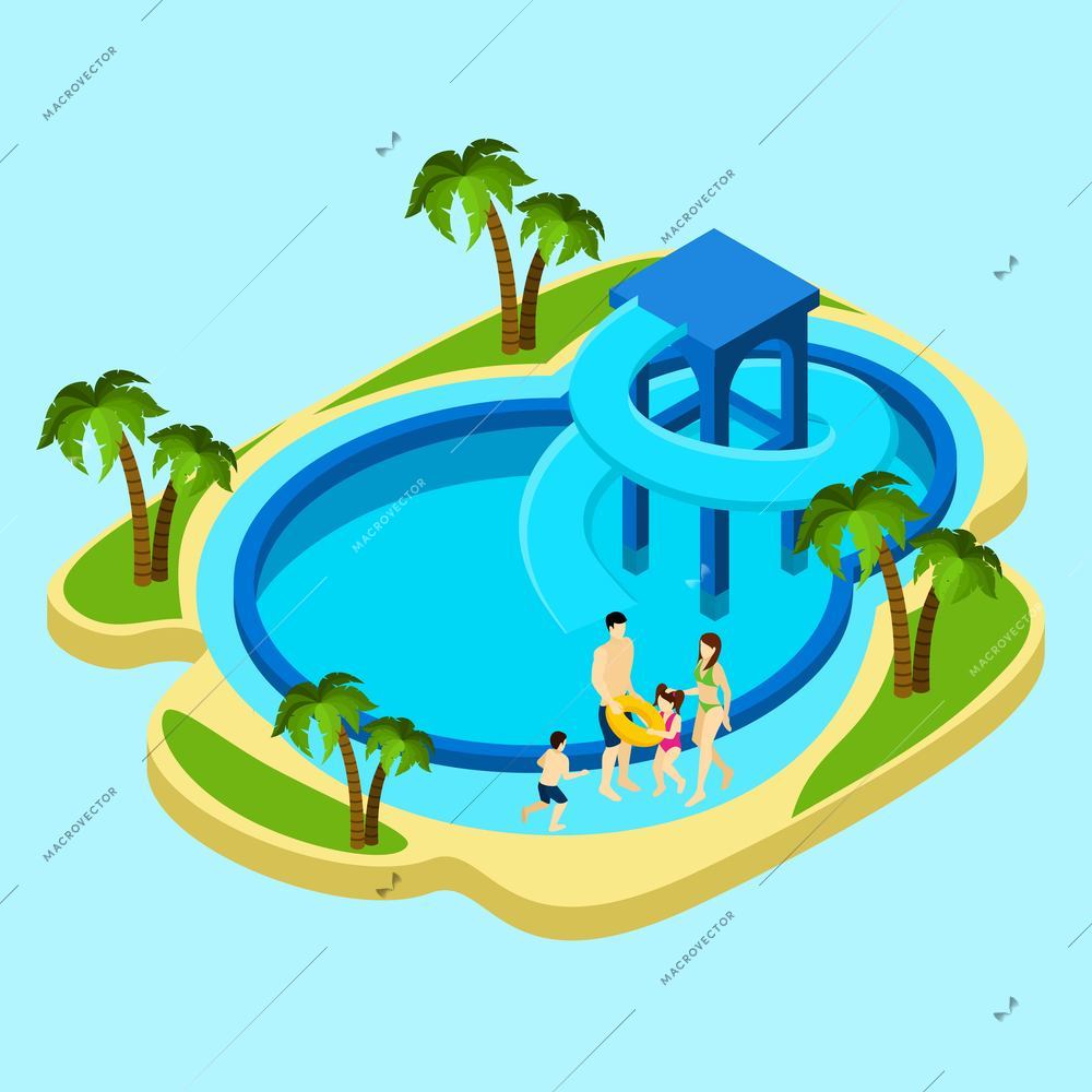 Family at water park with slides and swimming pool on blue background isometric vector illustration