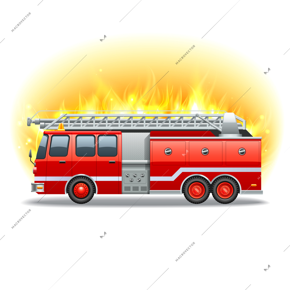 Red firetruck with rescue ladder and fire on background vector illustration