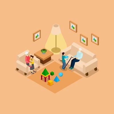 Grandparents babysitting playing with children home isometric banner with boy and girl abstract vector illustration