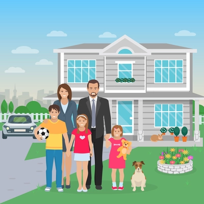 Color flat illustration big happy family with dog in the yard vector illustration