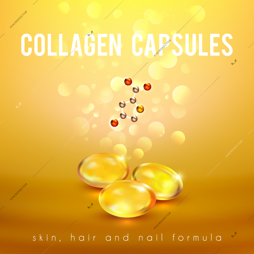 Collagen capsules for strong long hair and nails supplement formula advertisement golden background poster abstract vector illustration