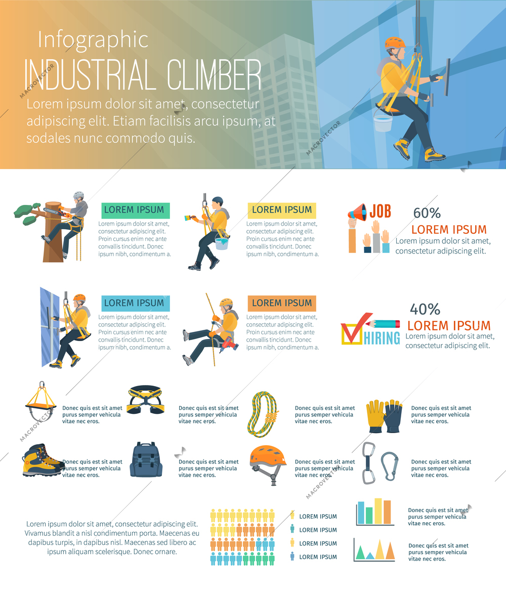 Infographic about industrial climber profession alpinism and equipment for high-altitude work vector illustration