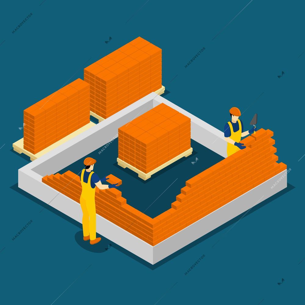 Building red brick wall construction process isometric banner with two masons at work abstract vector illustration