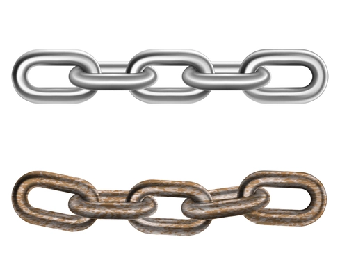 Two realistic pieces of steel and iron rusty links strong heavy chains horizontal isolated vector illustration