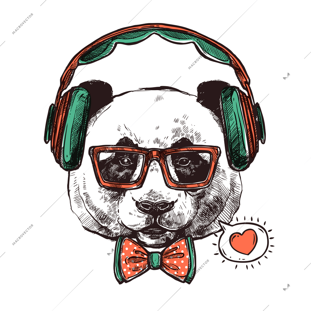 Hipster portrait panda with headphones glasses bow-tie and heart vector illustration