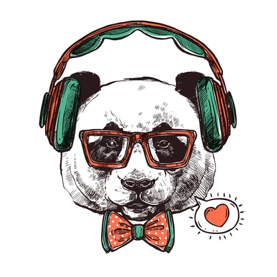 Hipster portrait panda with headphones glasses bow-tie and heart vector illustration