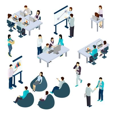 Coworking people isometric set with work and rest symbols isolated vector illustration
