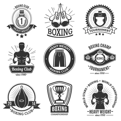 Set of boxing club black logo and emblems with boxer torso gloves punching bag and championship cup on white background isolated vector illustration