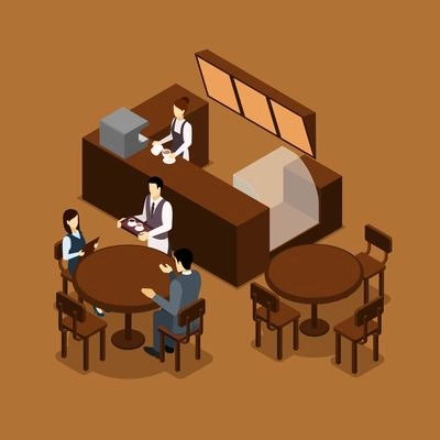 Coffee shop cafe interior isometric banner in brown tints with barista and waiter serving visitors abstract vector illustration