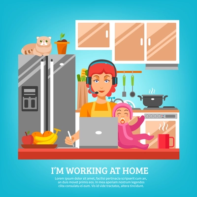 Housewife design concept at kitchen interior with woman sitting at desk with computer and baby in lap flat vector illustration