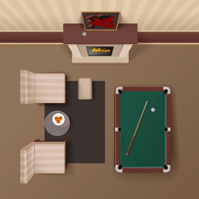 Hotel guestroom lounge with fireplace armchairs and billiard table design realistic top view image vector illustration