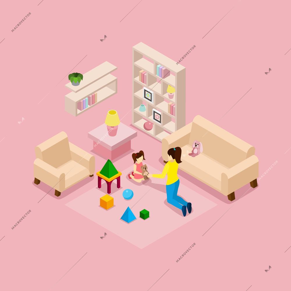 Family at home isometric banner with young mother and daughter in playroom with toys abstract vector illustration