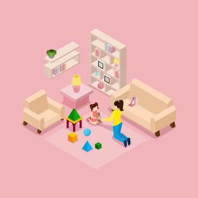 Family at home isometric banner with young mother and daughter in playroom with toys abstract vector illustration