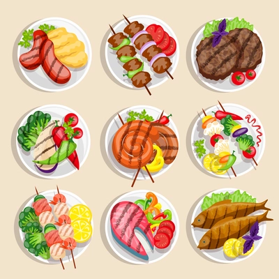 Grilled food set fish and meat dishes with vegetables on the plate vector illustration