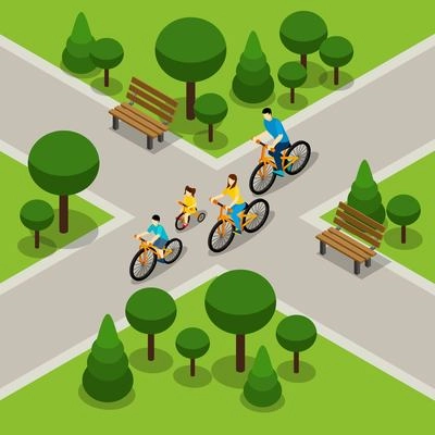 Family with two children cycling in city park isometric banner on healthy active lifestyle abstract vector illustration