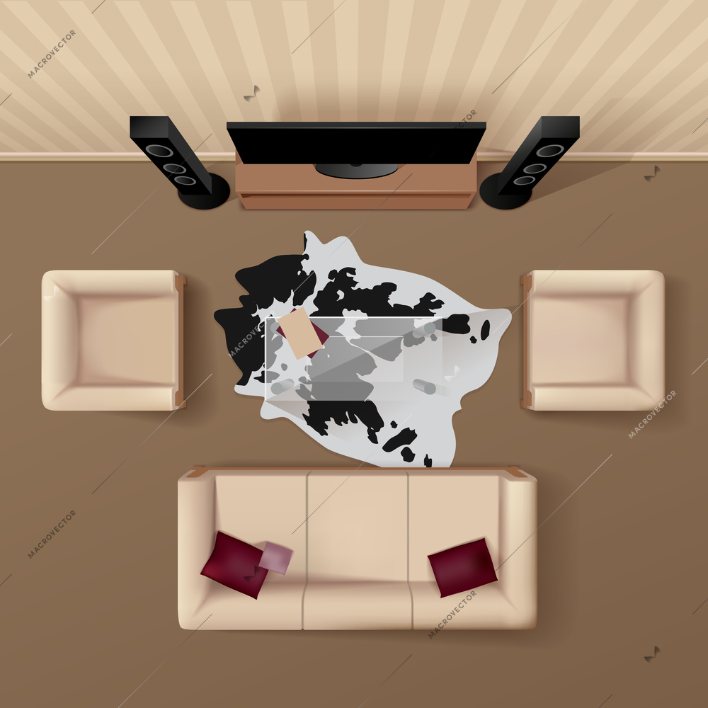 Living room with cowhide rug under the glass table coach and armchairs top view realistic vector illustration