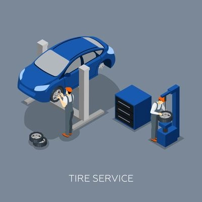 Flat tires fixing balance control and repair auto garage service mechanics team isometric banner abstract vector illustration