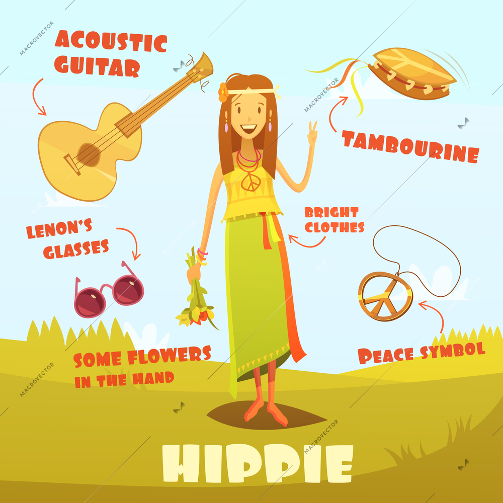 Hippie character cartoon set with acoustic guitar and tambourine vector illustration