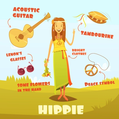 Hippie character cartoon set with acoustic guitar and tambourine vector illustration