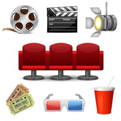 Cinema entertainment decorative icons set of film movie tickets and theatre chairs design elements isolated vector illustration