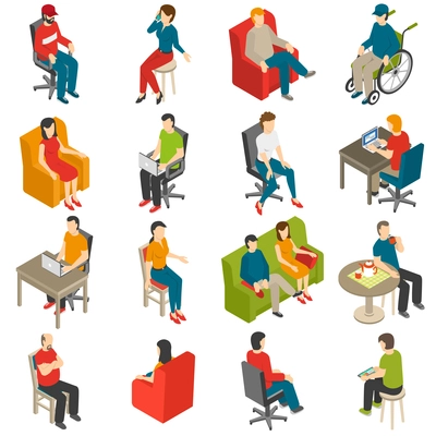 Isometric icon set of diverse people sitting on different chairs isolated vector illustration