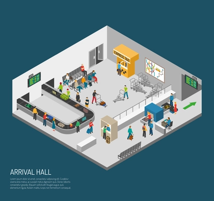 Airport inside poster of scene in arrival hall people getting baggage and pass control isometric vector illustration