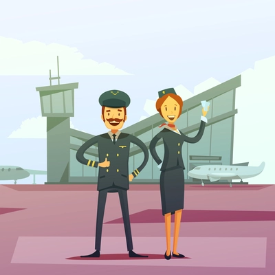 Pilot and stewardess cartoon background with airport building and airplane vector illustration