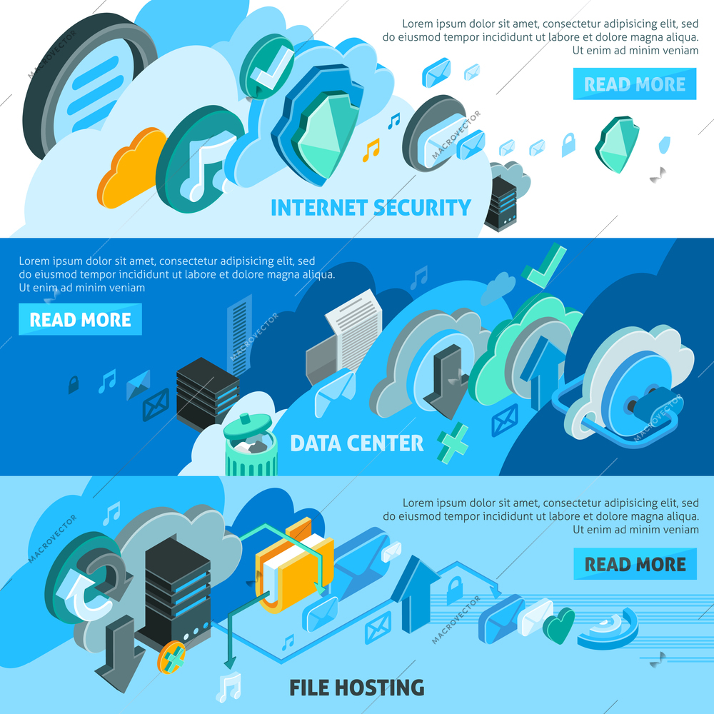 Cloud services isometric horizontal banners set with file hosting symbols isolated vector illustration