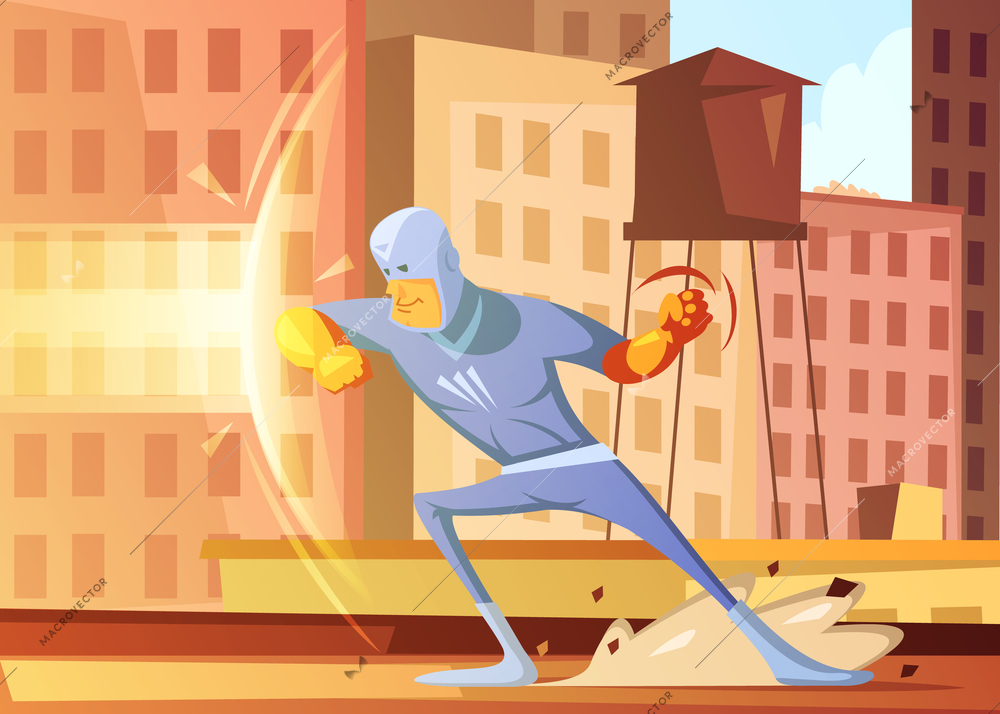 Superhero protecting the city from evil cartoon background with blocks of flats vector illustration