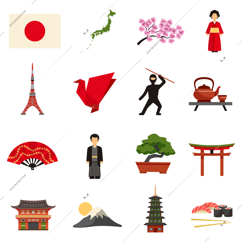 Japanese culture flat icons collection with sakura cherry blossom red lantern and bonsai abstract isolated vector illustration