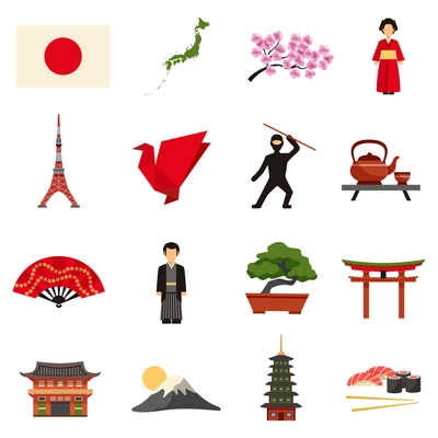 Japanese culture flat icons collection with sakura cherry blossom red lantern and bonsai abstract isolated vector illustration