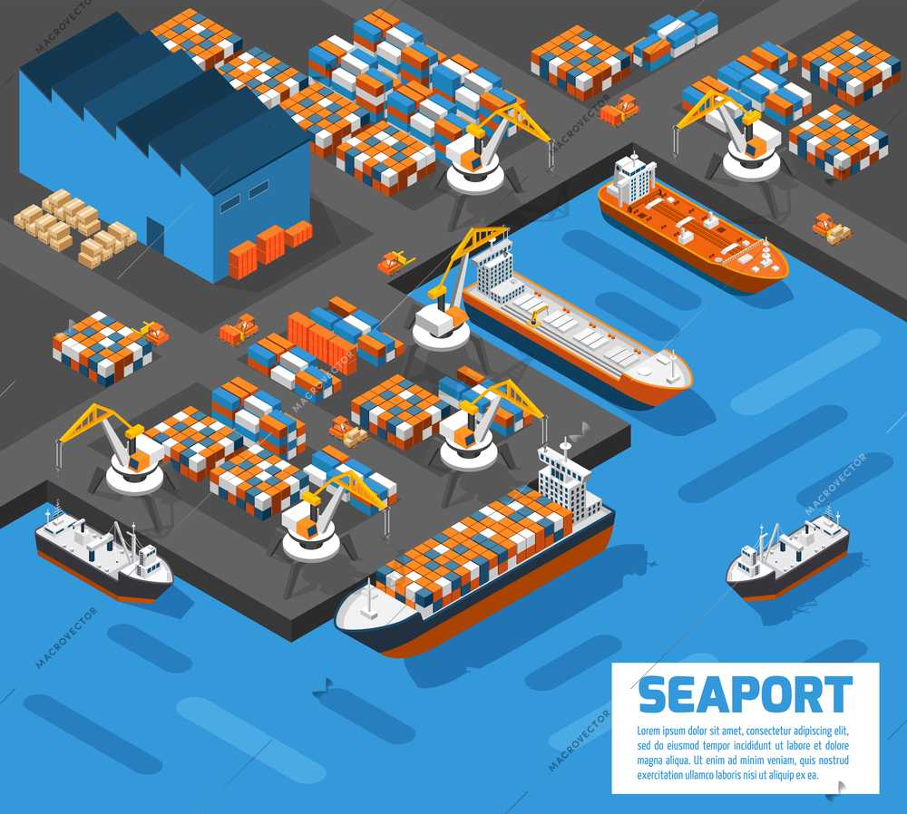 Aerial view of harbor waterfront and maritime terminal with container ship loading isometric poster abstract vector illustration