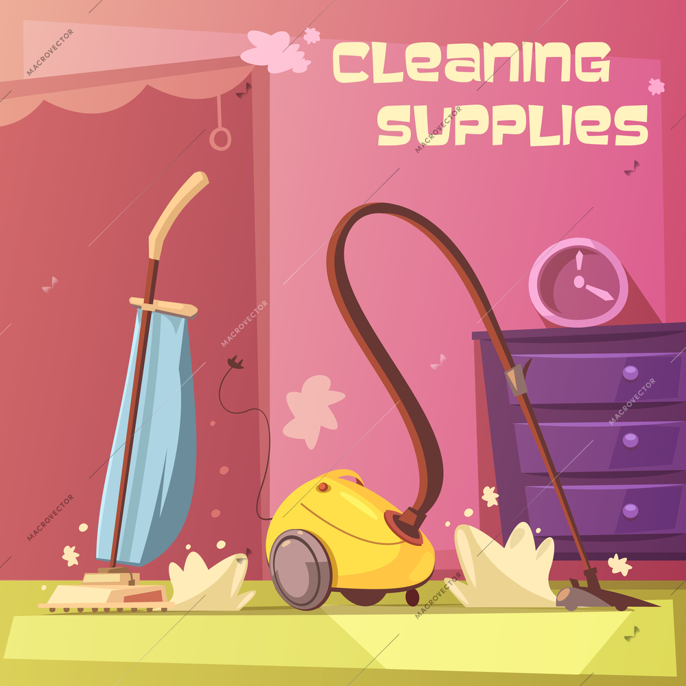 Cleaning equipment cartoon background with vacuum cleaner working vector illustration
