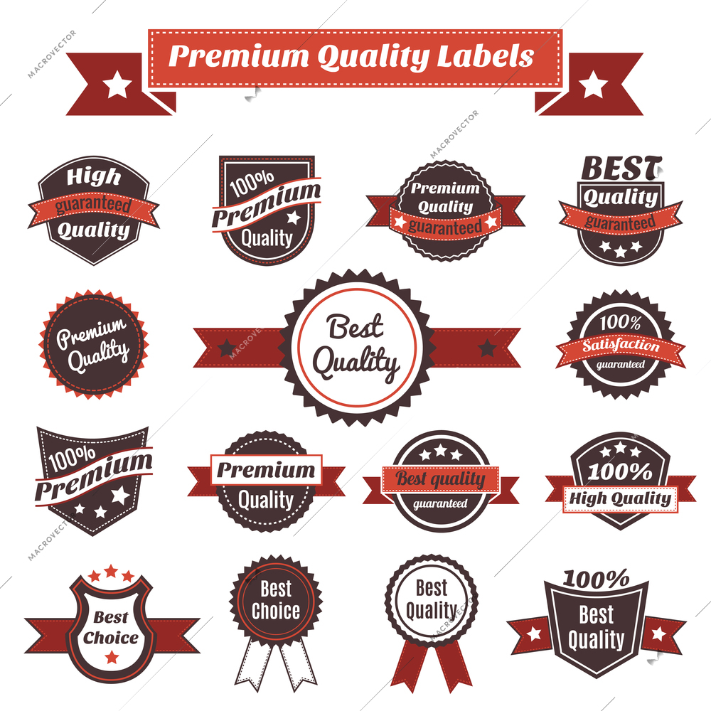 Premium exclusive quality and guaranteed satisfaction labels and badges marketing collection isolated vector illustration