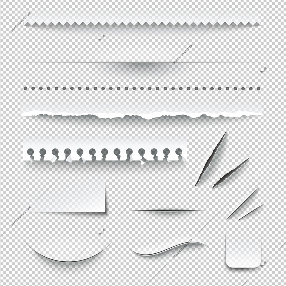 Semitransparent white paper checkered perforated ripped torn jagged cut edges texture samples set realistic shadows vector illustration