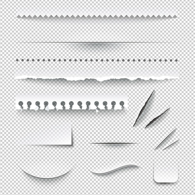 Semitransparent white paper checkered perforated ripped torn jagged cut edges texture samples set realistic shadows vector illustration
