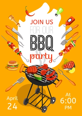 BBQ season opening party announcement flat poster with barbecue accessories event date and time abstract vector illustration