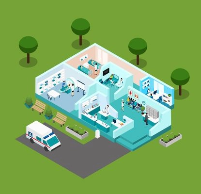 Medical center icons Isometric interior  with different rooms medical staff and  equipment vector illustration