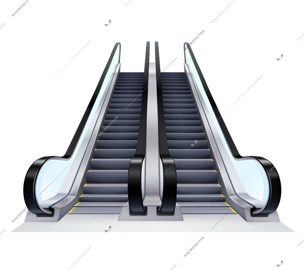 Two up and down escalators set on white background realistic isolated vector illustration