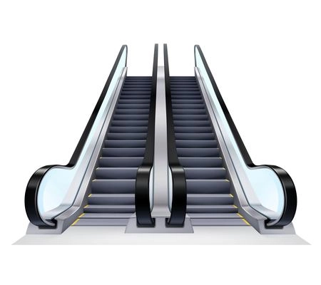 Two up and down escalators set on white background realistic isolated vector illustration