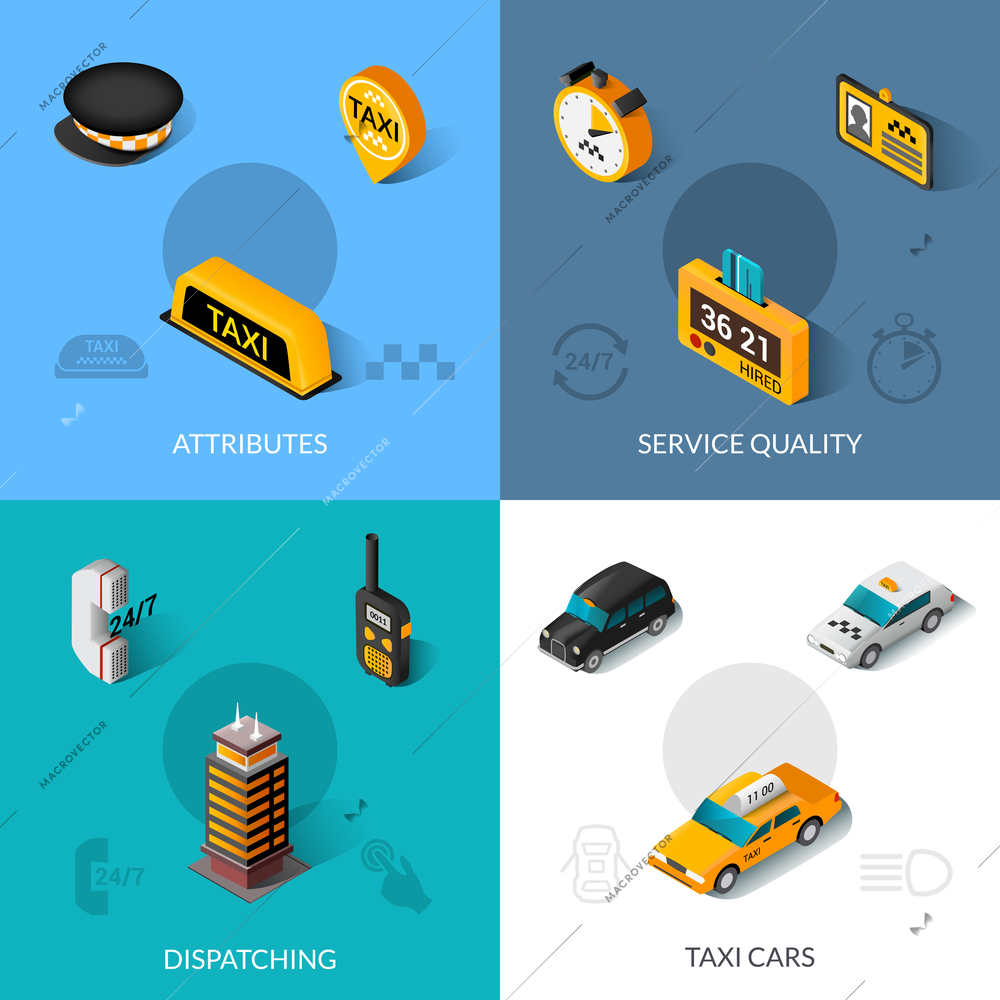 Taxi dispatching service quality startup software system 4 isometric icons composition poster with abstract isolated vector illustration