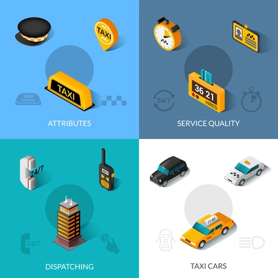 Taxi dispatching service quality startup software system 4 isometric icons composition poster with abstract isolated vector illustration