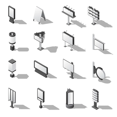 Street Advertising Icons Set. Signboard Isometric Vector Illustration. Advertising Billboards Symbols. Blank Billboards Design Set. Signboards  Templates Collection. Billboards Isometric Vector Illustration.