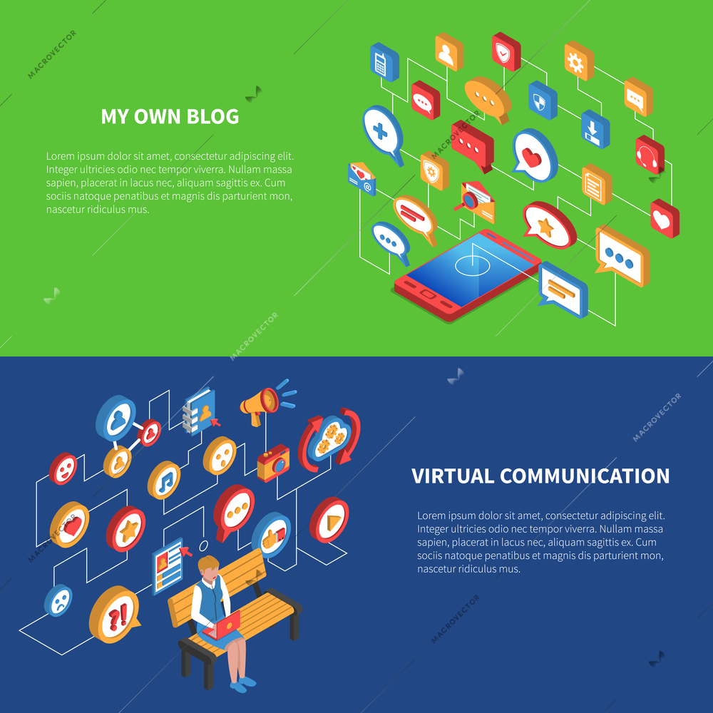 Isometric banner set with two variants of using social network by laptop and tablet vector illustration