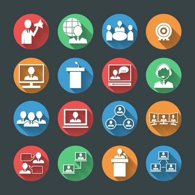 Business people meeting at office online conference presentation icons set isolated vector illustration