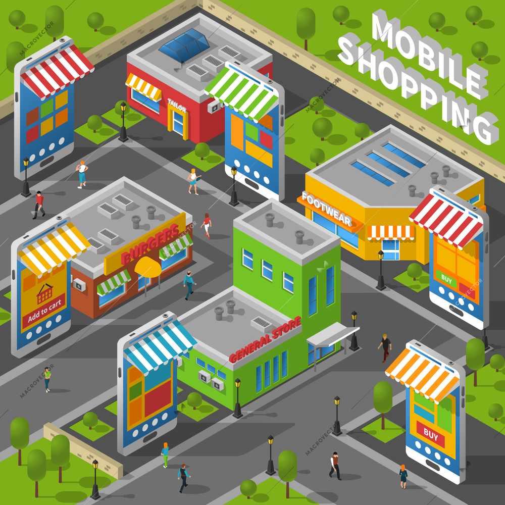 Isometric image with people walking the street with real shops and smartphone-shaped online shops nearby vector illustration