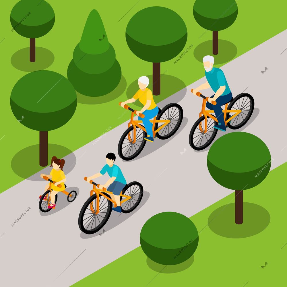 Grandparents with two children cycling in park isometric banner on  retired people active lifestyle abstract vector illustration