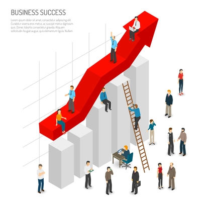 Business success poster of abstract diagram with red arrow growth and people around it isometric vector illustration